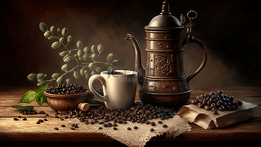 饮料线条背景图片_咖啡杯咖啡壶摩卡壶咖啡豆