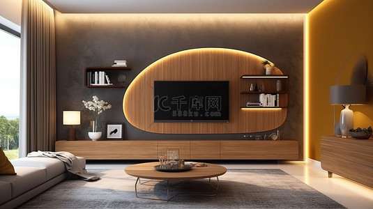 豪华客厅中现代棕色和黄色电视机的 3D 渲染