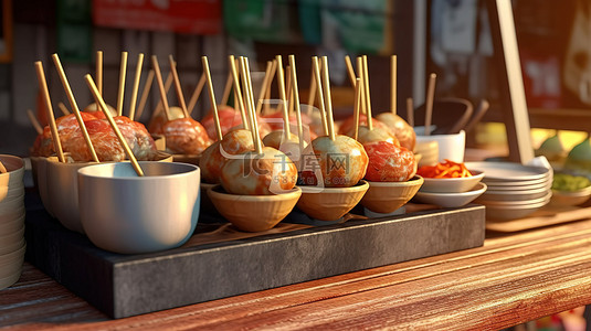 极端特写亚洲木制街头食品肉丸面车的 3D 渲染