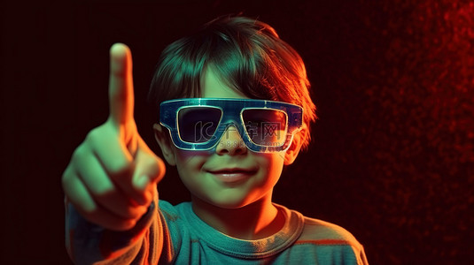 戴着 3D 电影眼镜的孩子竖起大拇指
