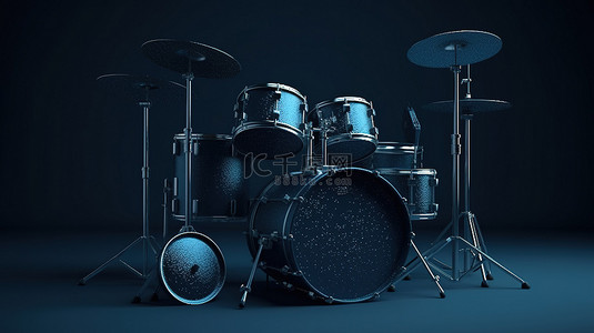 蓝色背景 3D 渲染上抽象蓝色粘土风格的专业摇滚鼓套件