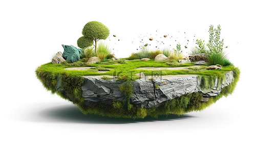 孤立的浮岛，有一段郁郁葱葱的绿草超现实 3D 渲染
