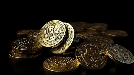 中国的银行背景图片_中国金币在 3D 渲染的宇宙中，在光滑的黑色背景上，有足够的空间用于文本或消息传递