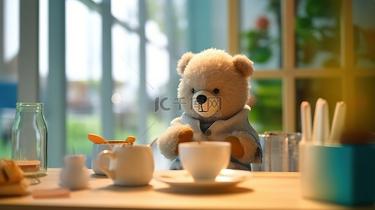 儿童桌子背景图片_3D 渲染的熊娃娃展示在儿童房间或咖啡馆