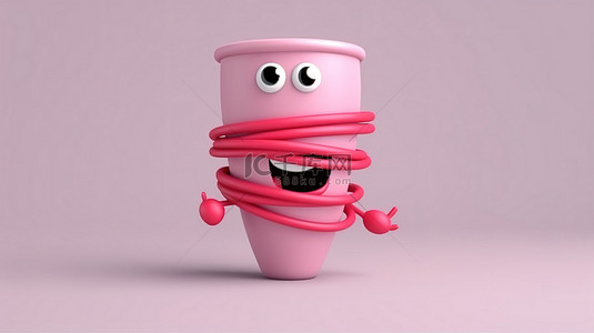 红色食品海报背景图片_异想天开的卡通人物，弹性臂紧握粉色杯子和红色别针 3D 渲染插图