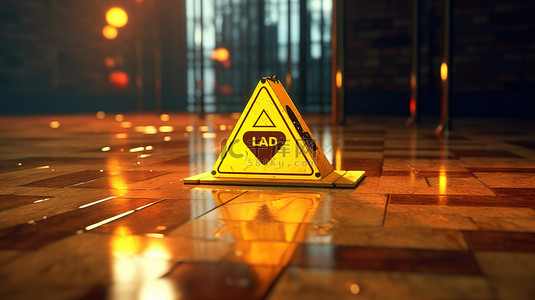 黄色警示加密地板标志 3D 渲染插图