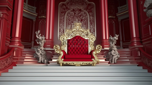 宫殿大厅中带有背景楼梯的雄伟红色宝座的令人惊叹的 3D 渲染