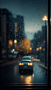 雨水窗背景图片_雨滴玻璃窗车下雨的城市背景