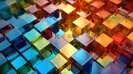 3D 渲染抽象多彩玻璃块背景的极端特写