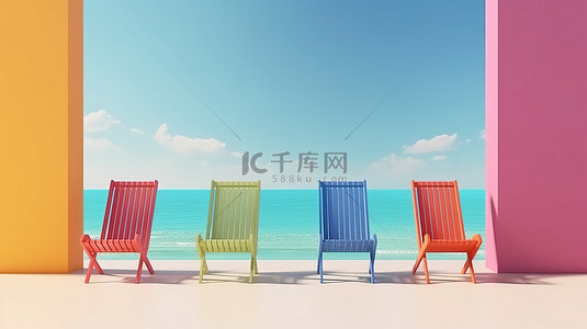 充满活力的海滩销售 3d 渲染讲台躺椅和夏季度假的彩色背景