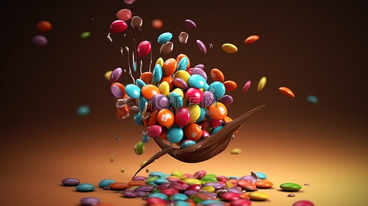充满活力的糖果喜悦爆炸巧克力豆和彩色棒棒糖 3d