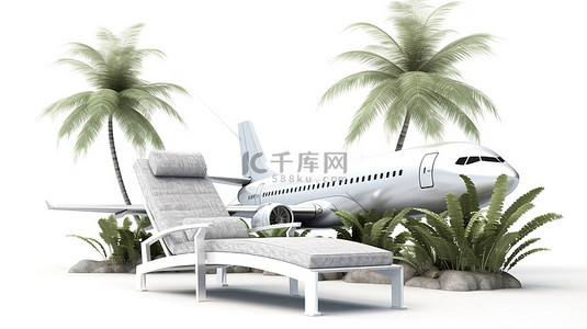 热带树木背景图片_热带度假梦想 3D 孤立插图，显示白色背景上的飞机躺椅和棕榈树