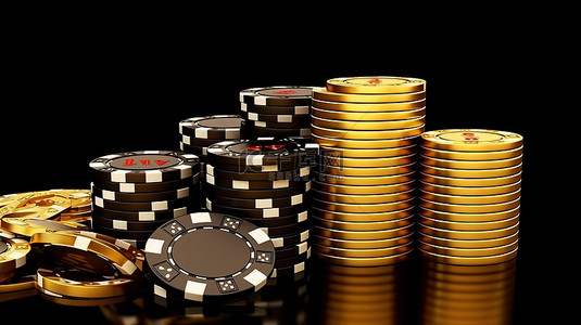 代表赌博概念的当代金色和黑色赌场筹码和扑克牌的 3D 插图