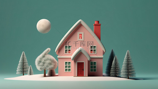圣诞节构图中的节日景观房屋和树木抽象新年背景 3d 渲染