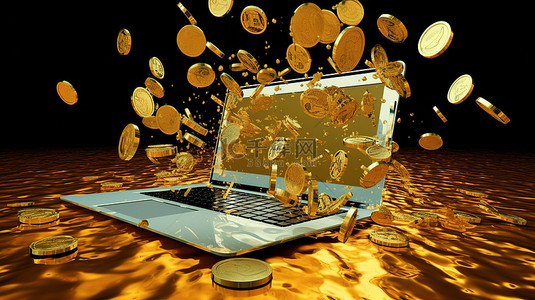 虚拟金融数字硬币在 3D 渲染中与电脑一起爆炸