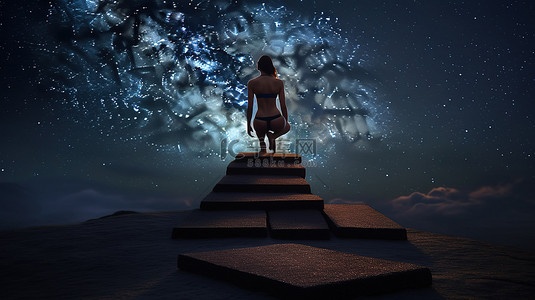 3D 瑜伽爱好者女性在星空夜空的垫脚石上摆姿势