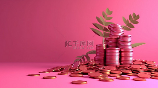 箭头投资背景图片_3D 渲染盈利投资概念粉红色背景与货币硬币和向上趋势箭头