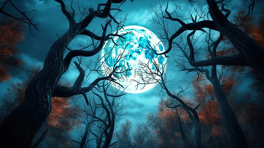 怪异的万圣节插图 3D 渲染一个大满月与蓝天的树主题