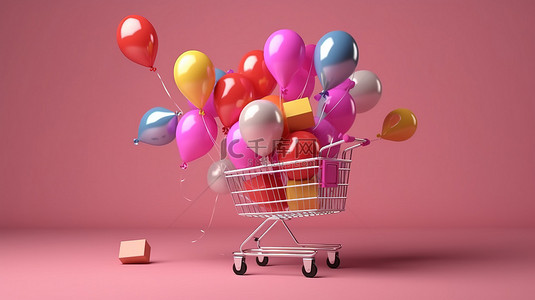 令人兴奋的销售和折扣促销彩色购物车袋气球和包裹盒 3D 渲染