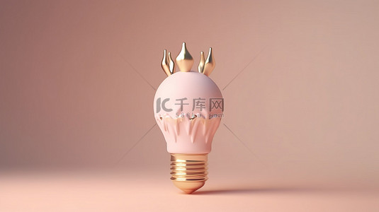 创意灯泡想法背景图片_柔和 3D 渲染中的创意符号金色皇冠灯泡