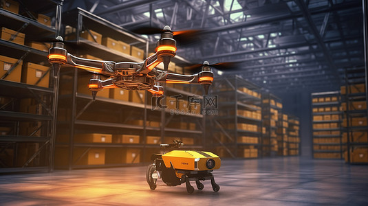 仓库出租背景图片_仓库自动化 3D 插图：送货无人机和自动驾驶车辆的实际应用