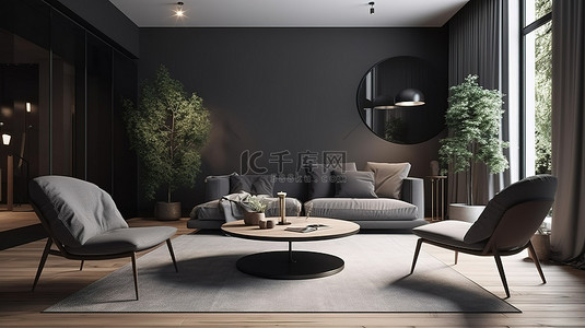 现代客厅工作室 3D 渲染舒适的空间，配有咖啡桌和扶手椅