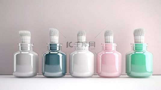 滴墨水刷背景图片_带白色刷子的粉色绿色和蓝色瓶子的 3D 渲染