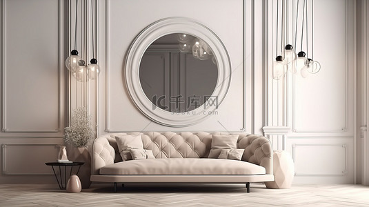 室内设计 3d 效果图米色墙大灰色沙发和暖白色玻璃灯罩