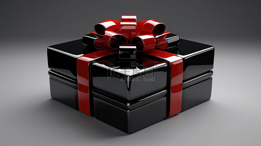 闪亮的红丝带装饰着 3D 渲染的黑色礼品盒，非常适合节日 d cor 生日或周年纪念礼物