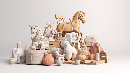 白色背景上带有玩具和复制空间的摇马玩具的 3d 渲染