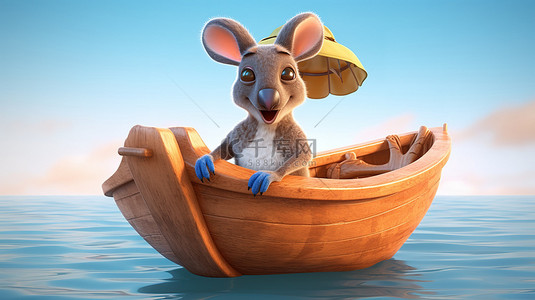 一只袋鼠，态度 3d 角色在船上竖起大拇指