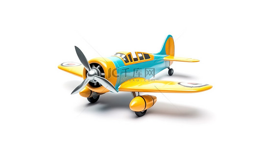 3D 渲染复古黄色和蓝色两座飞机，在从低角度捕获的白色背景上隔离
