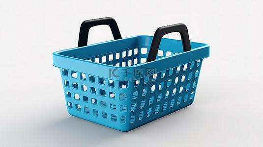 白色背景上简约风格的蓝色购物篮的独立 3D 渲染插图