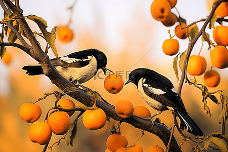两只鸟栖息在树上的水果上