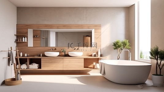 时尚的浴室设计，配有木制家具浴缸镜面水槽 3D 渲染