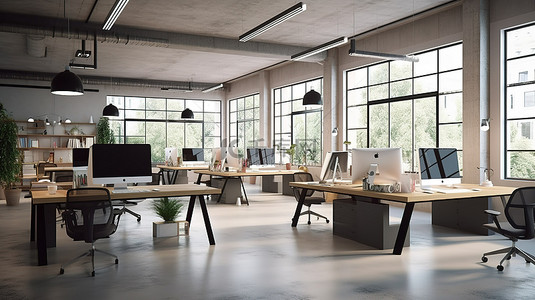 现代宽敞的开放式办公室以 3D 形式呈现，配有共享办公桌