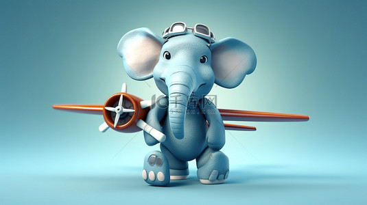 异想天开的 3D 大象拿着一架玩具飞机，上面有欢乐的插图