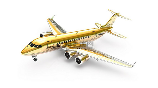 为乘客提供白色背景金色喷气式客机的 3D 渲染