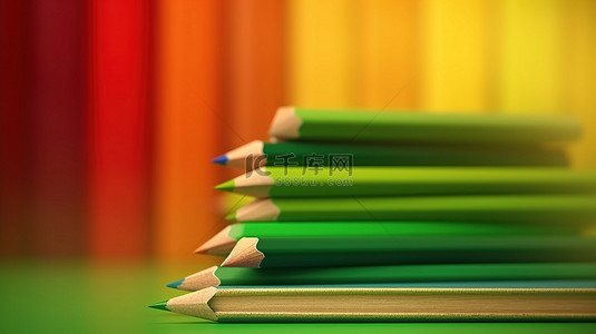 3D 绿色背景中充满活力的书籍和翡翠铅笔