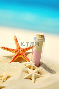 备忘录背景图片_一瓶蜡笔，沙滩上有海星