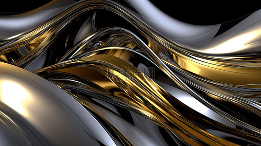 金色和银色的抽象金属曲线令人惊叹的 3D 渲染