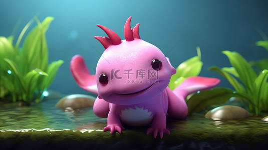 气球的卡通动物背景图片_3D 卡通插图中可爱的蝾螈