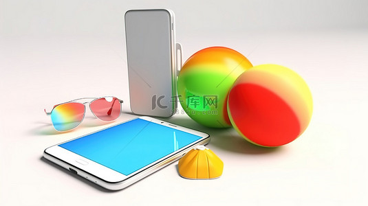 特色旅行背景图片_以白色屏幕为特色的智能手机，配有3d触发器旅行手提箱和沙滩球