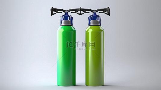 白色背景展示了绿色和蓝色的时尚铝制自行车和水上运动瓶的 3D 渲染