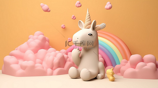 符号可爱背景图片_充满活力的 3d 彩虹，米色背景上有可爱的云独角兽和和平标志手势