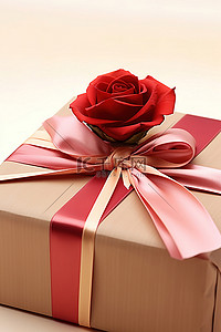 用丝带和红色蝴蝶结系着玫瑰的礼物