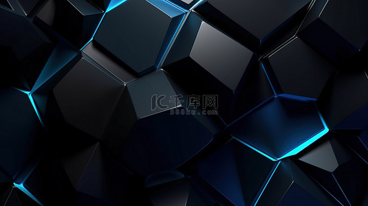 优雅的几何黑色和蓝色背景与文本框架 3D 渲染横幅设计模板
