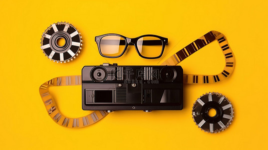 电影必需品拍板电影卷轴录像带和黄色背景 3D 眼镜的顶视图