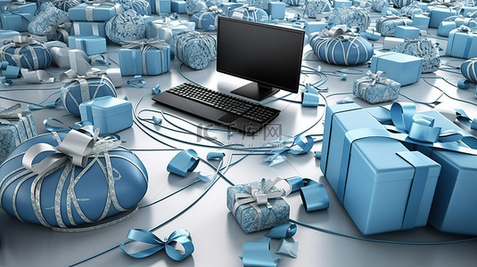 蓝电脑背景图片_蓝色调 3D 世界，电脑鼠标被礼品盒包围