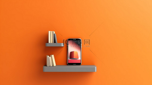 科技办公室背景图片_放在橙色墙架上的手机的垂直 3D 插图